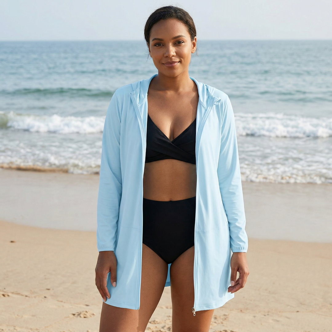 Long-sleeve zip-front swim top in black with UV protection