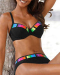 High-waist bikini in black with a multi-colour accent waistband detail