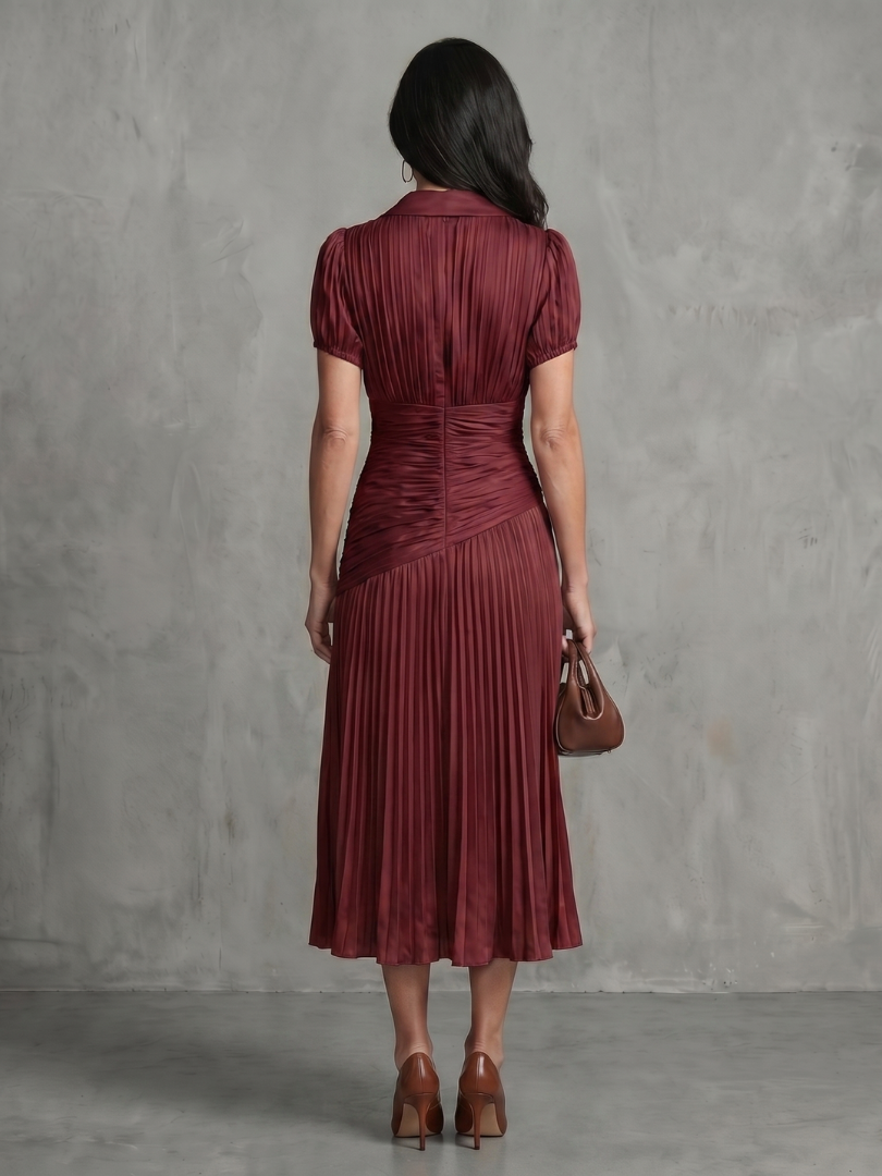 Blue and white striped midi dress with collared neckline and gently pleated waist and skirt