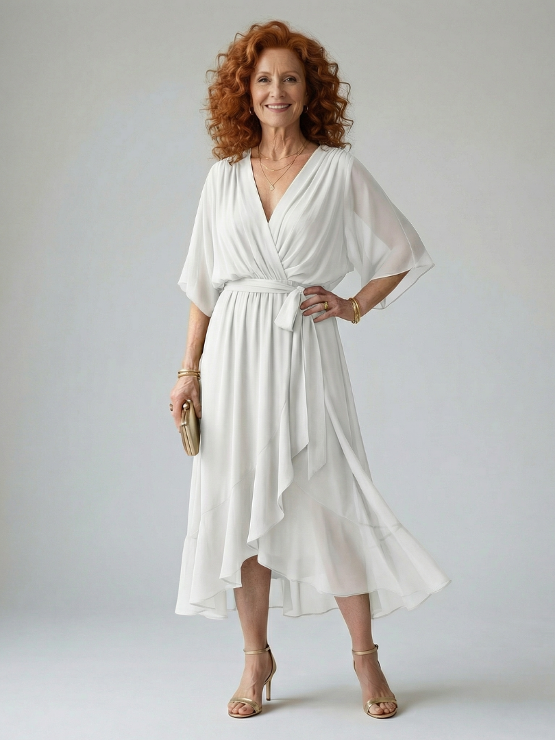 Green floaty midi dress with a draped V-neckline and soft bow waist detail
