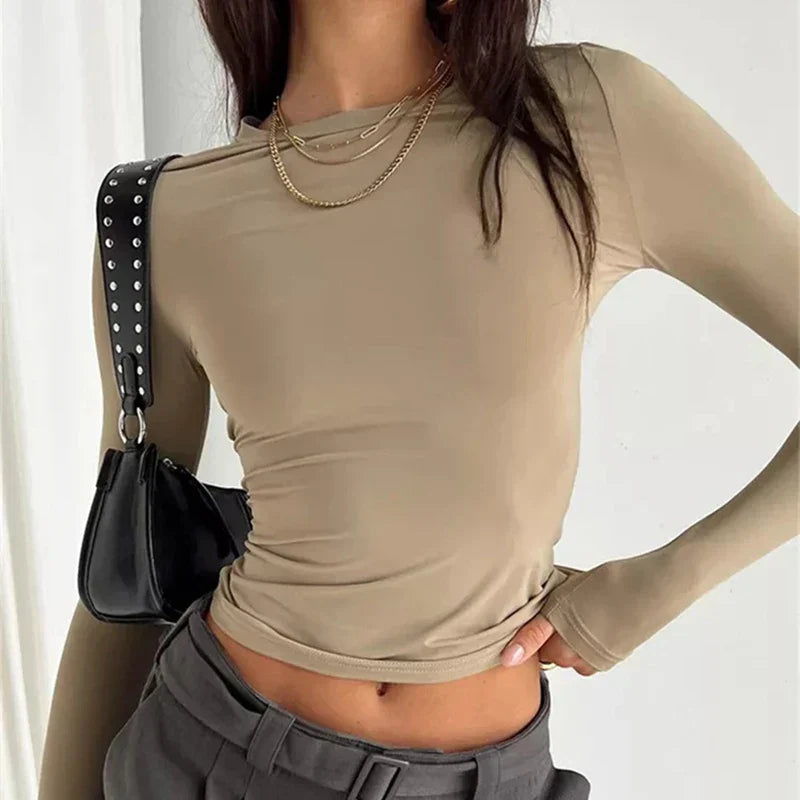 Khaki casual round-neck top with a soft, relaxed and flattering everyday shape