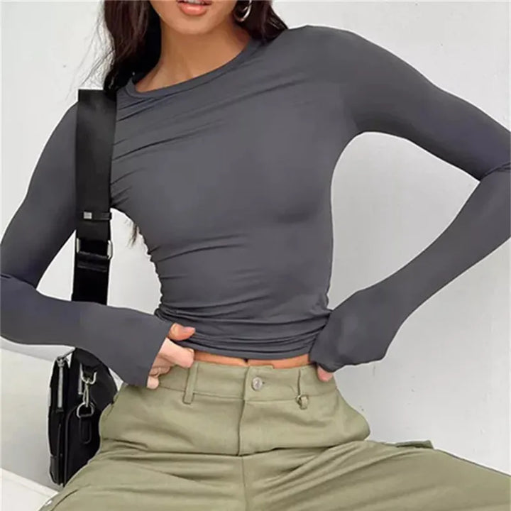 Khaki casual round-neck top with a soft, relaxed and flattering everyday shape