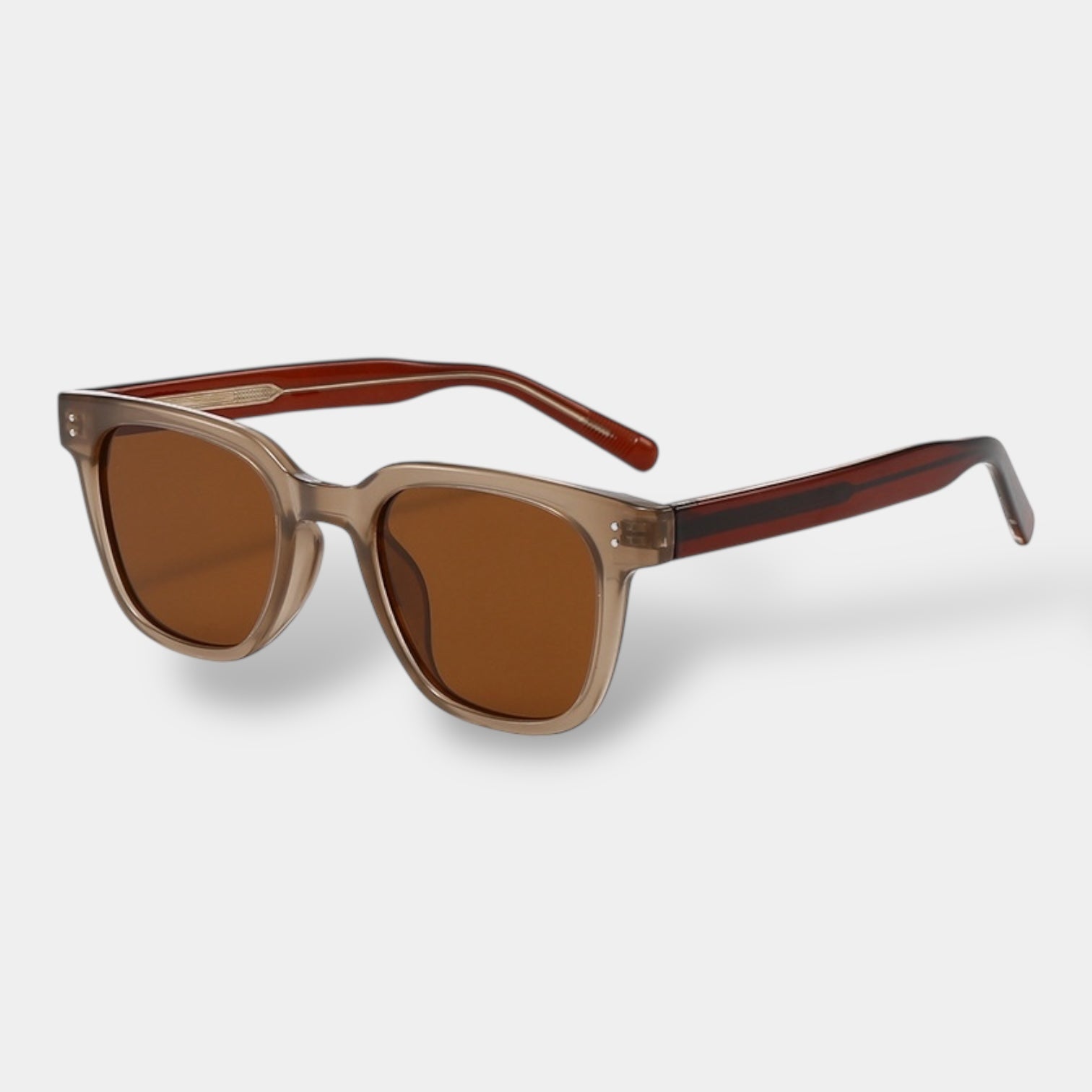 Square frame polarised sunglasses in brown with clean lines and subtle metal detailing