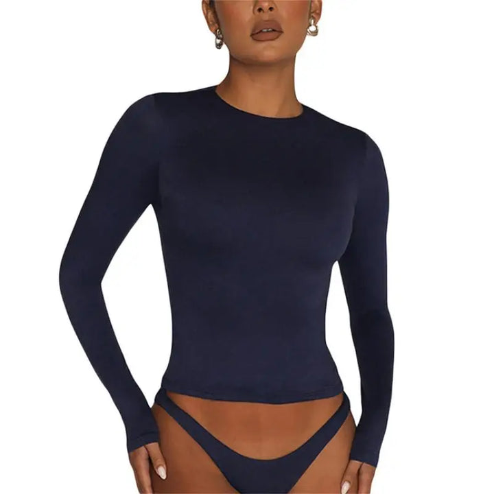 Khaki casual round-neck top with a soft, relaxed and flattering everyday shape