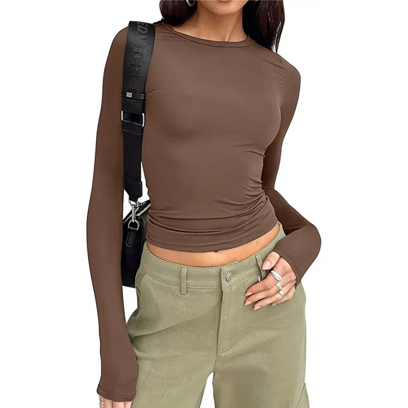 Khaki casual round-neck top with a soft, relaxed and flattering everyday shape