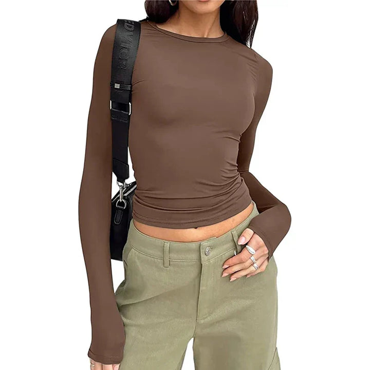 Khaki casual round-neck top with a soft, relaxed and flattering everyday shape