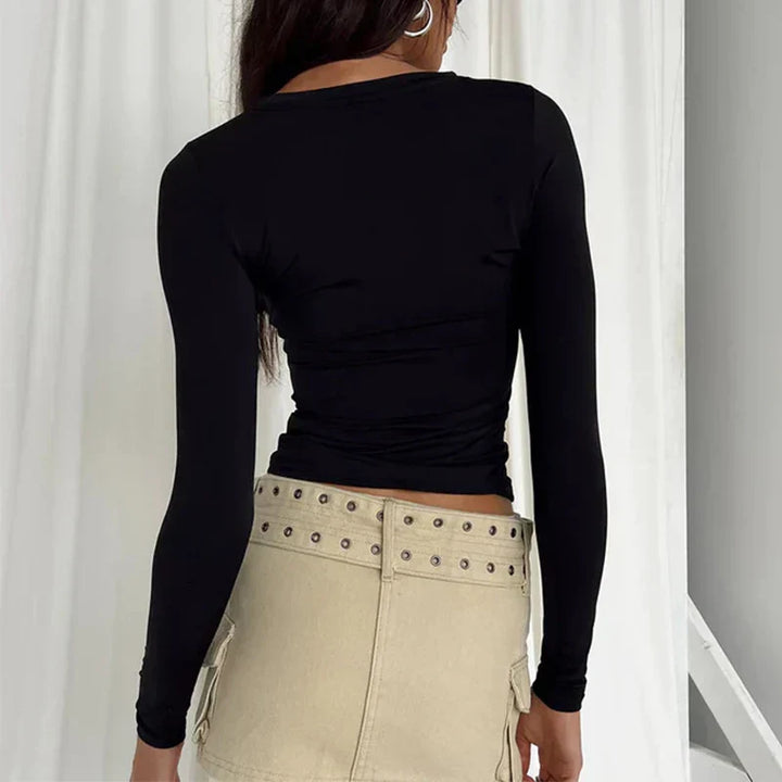 Khaki casual round-neck top with a soft, relaxed and flattering everyday shape