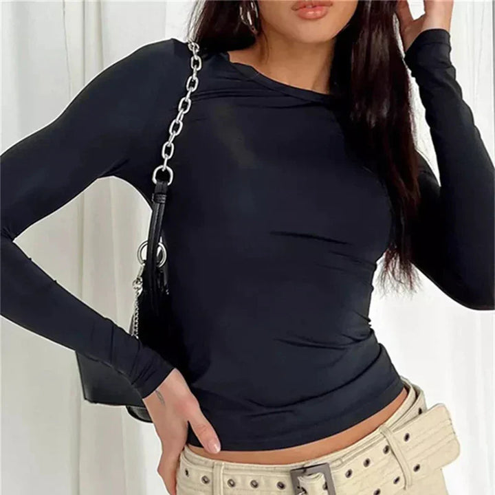 Khaki casual round-neck top with a soft, relaxed and flattering everyday shape