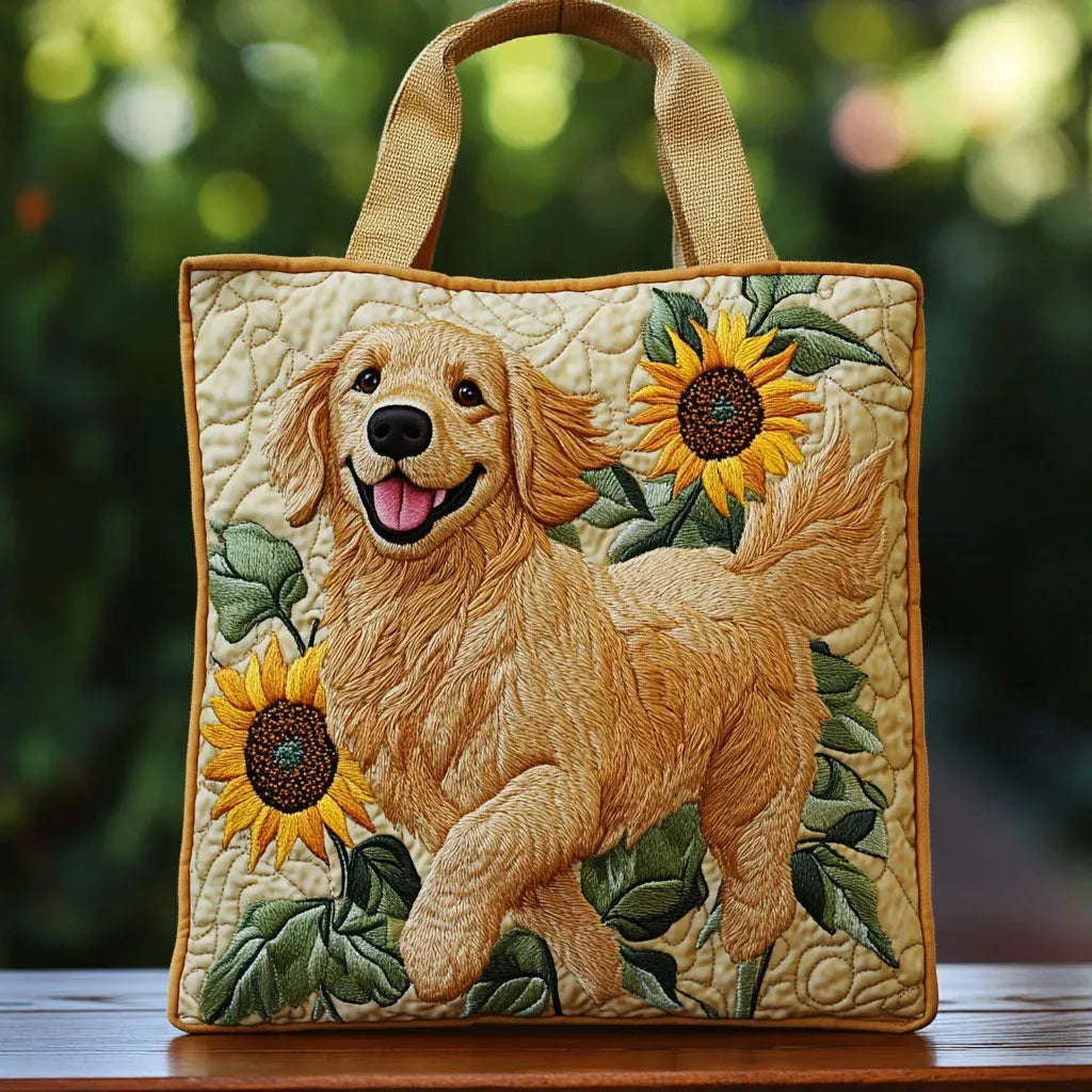 Quilted tote bag with a happy Golden Retriever portrait in warm golden tones