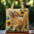 Quilted tote bag with a happy Golden Retriever portrait in warm golden tones