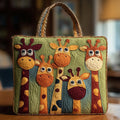 Quilted tote bag with a graceful giraffe motif on a structured padded body with wave-stitch quilting