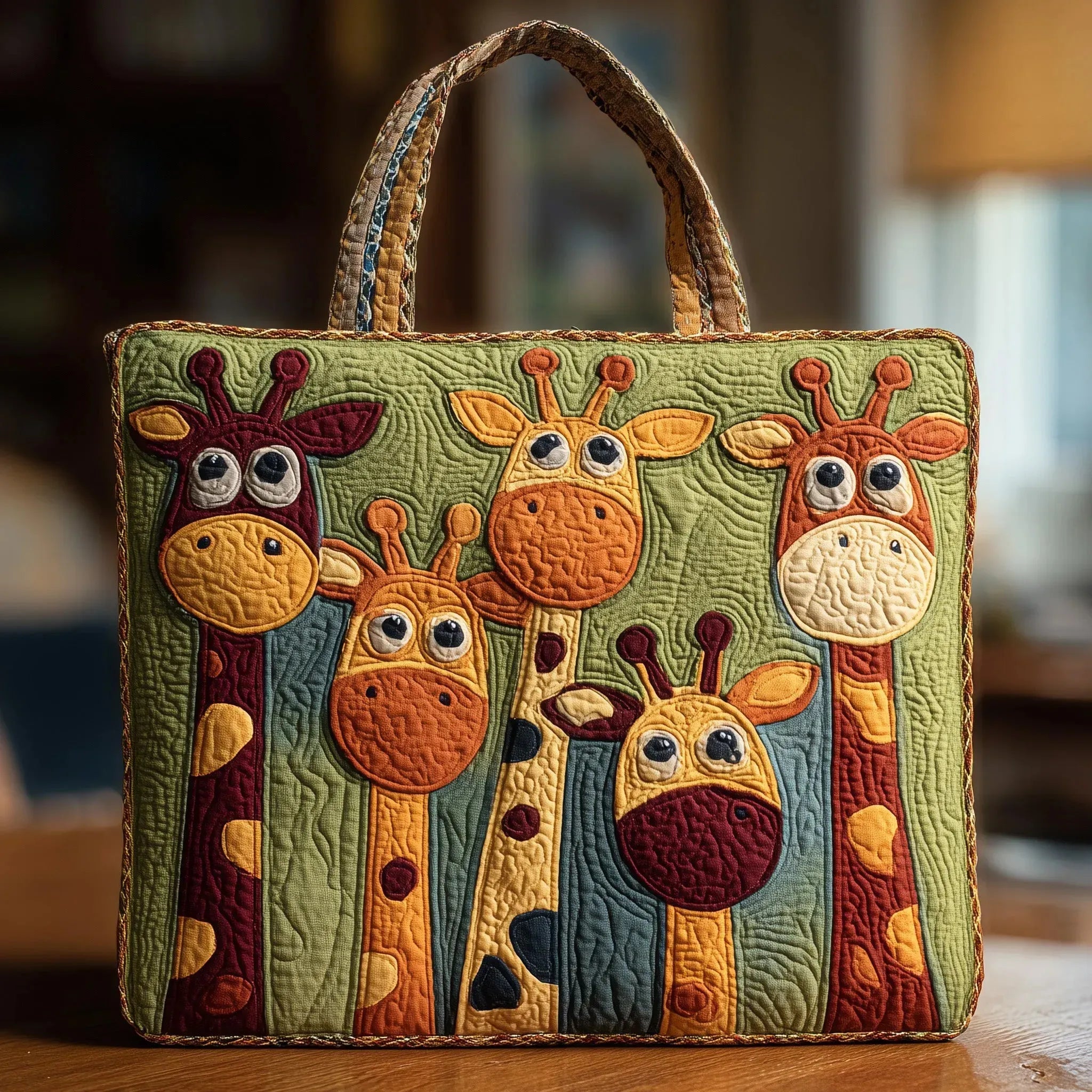 Quilted tote bag with a graceful giraffe motif on a structured padded body with wave-stitch quilting