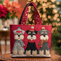Quilted tote bag with three dignified Schnauzer dogs on a structured padded body with wave-stitch quilting