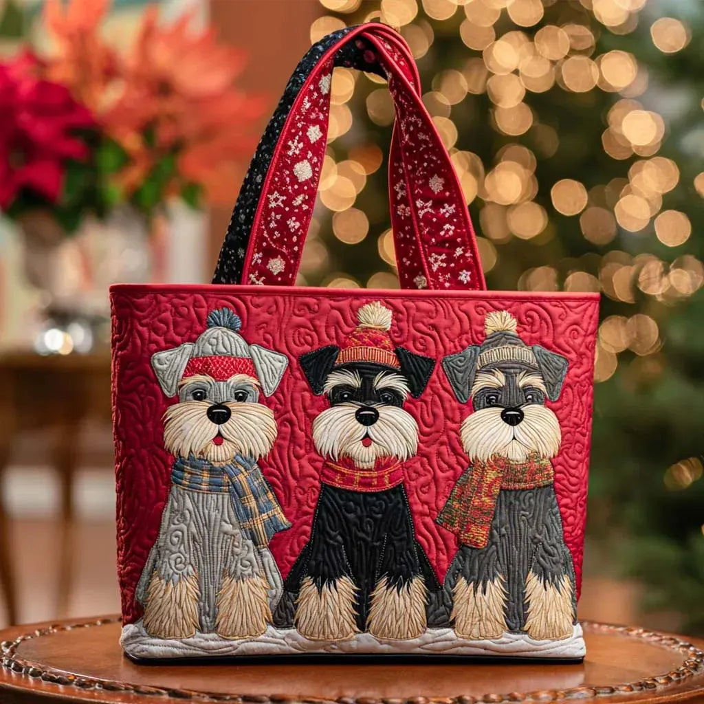 Quilted tote bag with three dignified Schnauzer dogs on a structured padded body with wave-stitch quilting