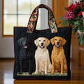 Quilted tote bag featuring three Labrador dogs on a structured padded body with wave-stitch quilting detail