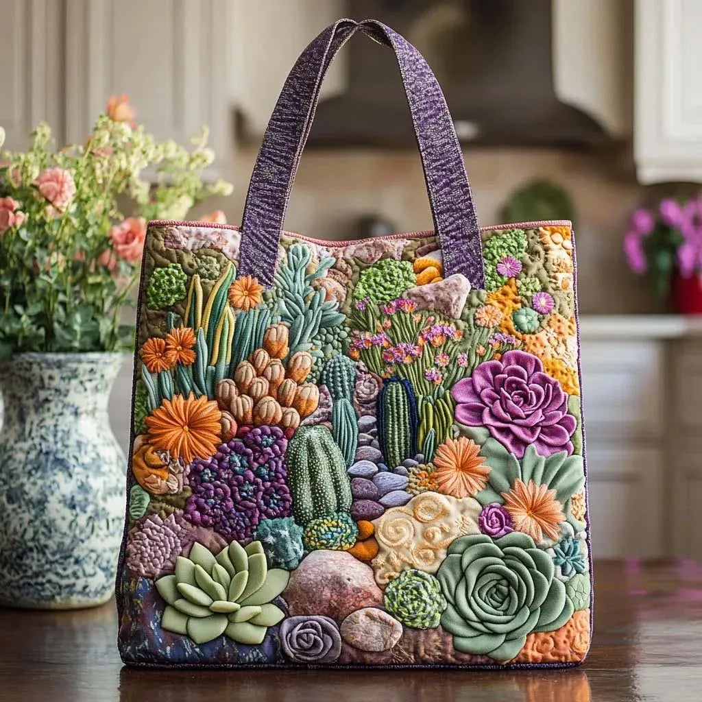 Quilted tote bag with a colourful arrangement of succulent plants in bloom
