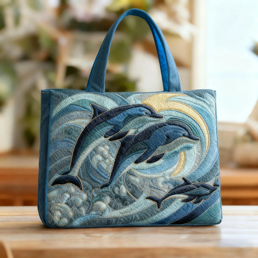 Quilted tote bag with a dolphin leaping through blue ocean waves