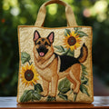 Quilted tote bag with a German Shepherd dog surrounded by flowers