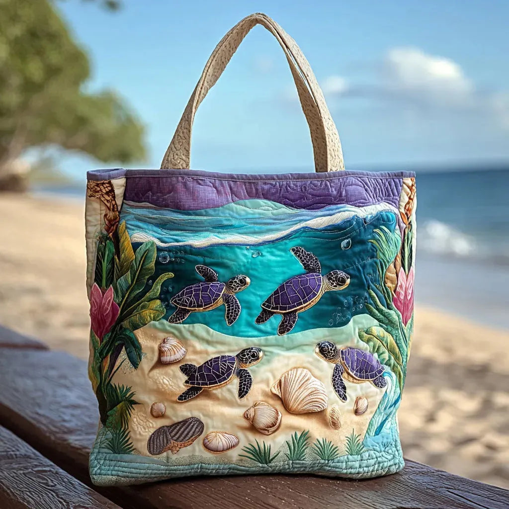 Quilted tote bag with a calming lagoon spirit motif in blue and green tones on a structured padded body