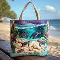 Quilted tote bag with a calming lagoon spirit motif in blue and green tones on a structured padded body