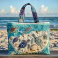 Quilted tote bag with a pair of turtles motif in soft warm tones