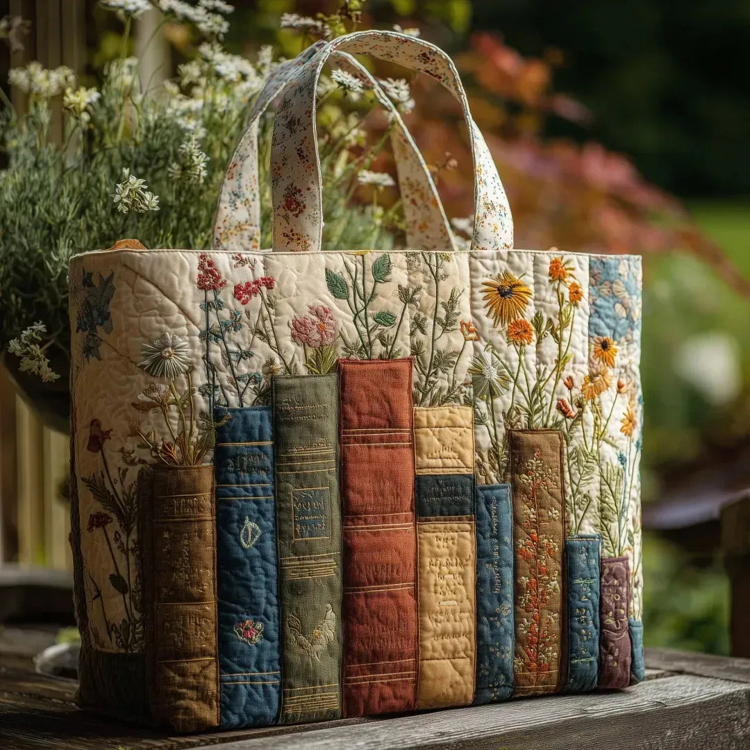 Quilted tote bag with a books and flowers design on a structured wave-stitch exterior