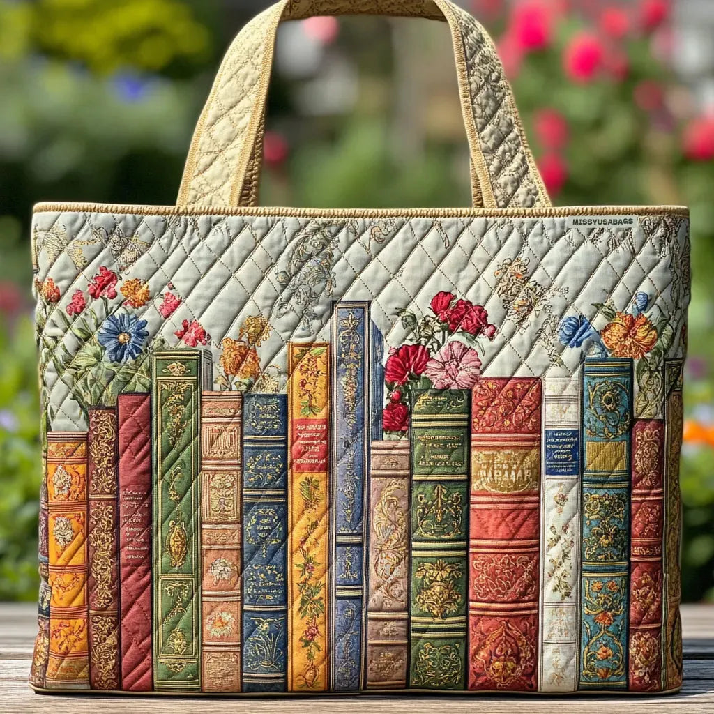 Quilted tote bag with an enchanted library scene of glowing bookshelves and candles on a padded structured body