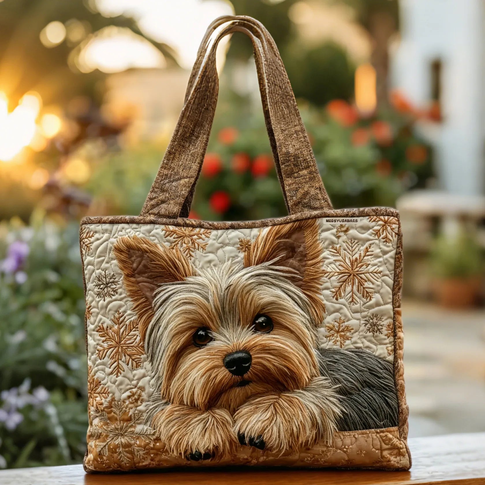 Quilted tote bag with a Yorkshire Terrier dog print on a wave-stitch structured body