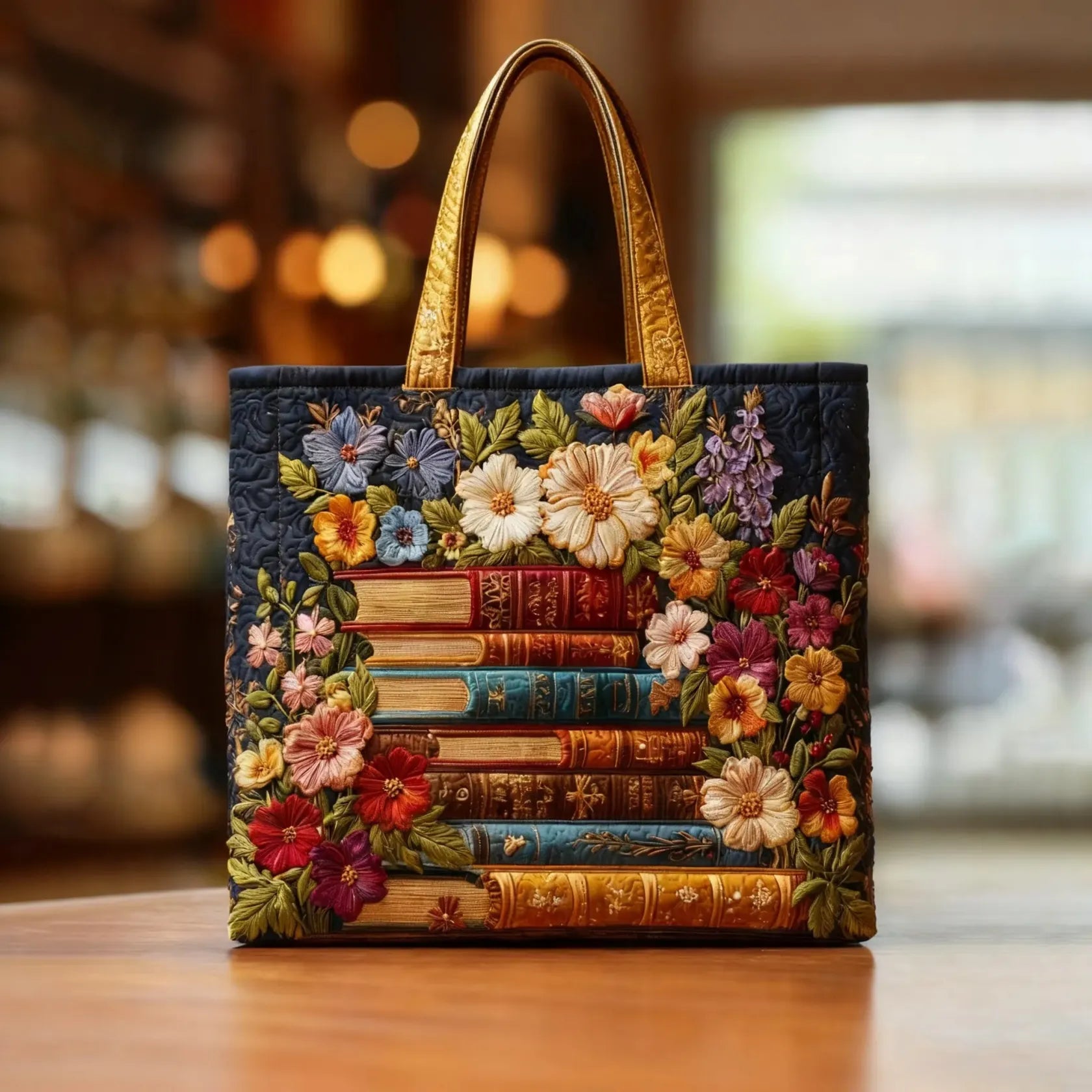 Quilted tote bag with a colourful floral and books print on a structured wave-stitch body