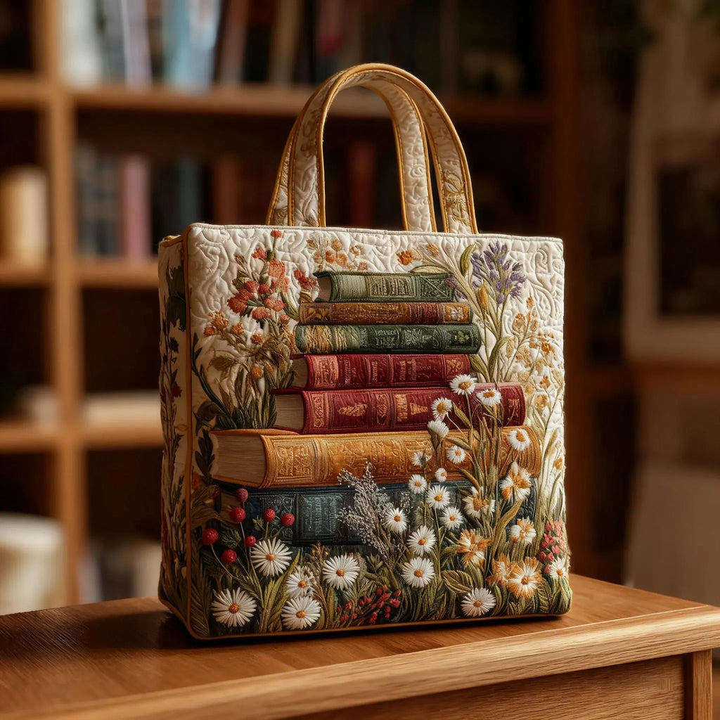 Quilted tote bag with a gentle floral print on a wave-stitch structured exterior