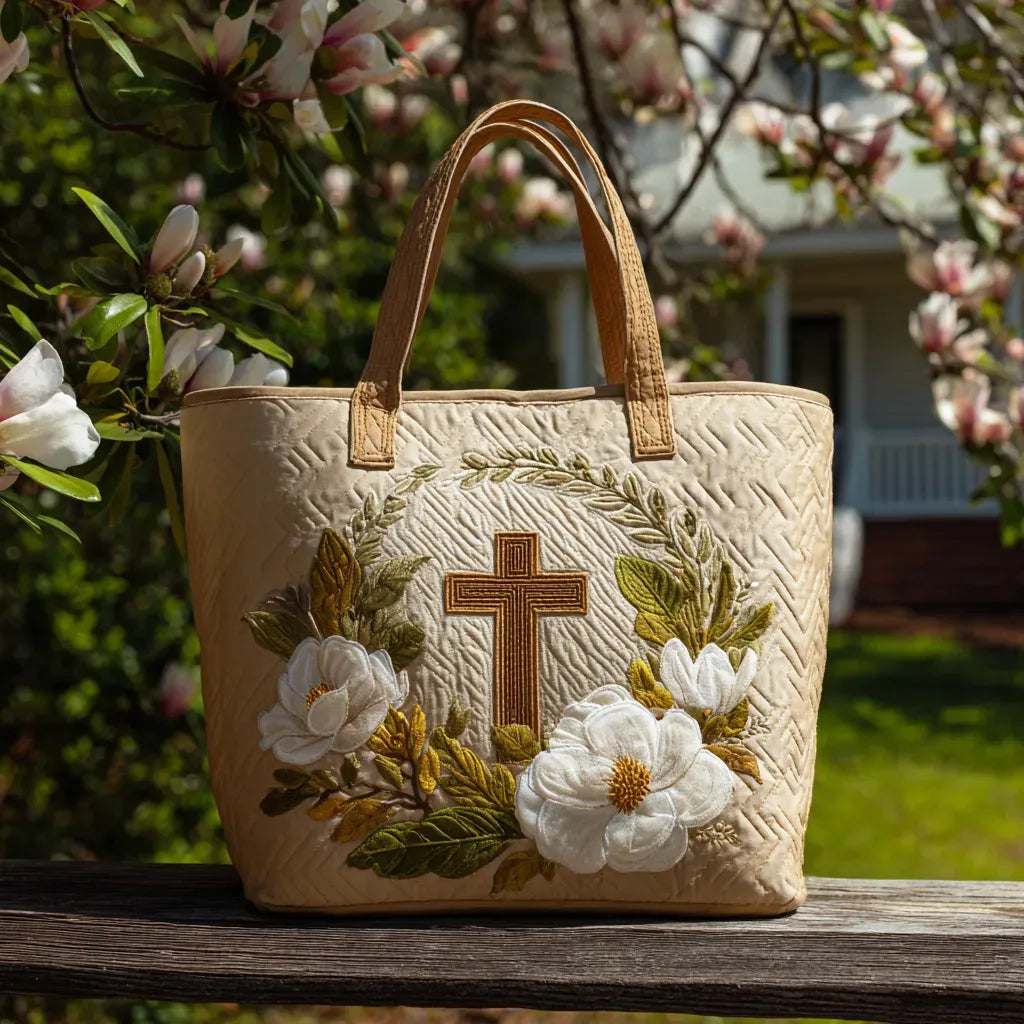 Quilted tote bag with a sacred cross motif on a structured padded body with wave-stitch detail
