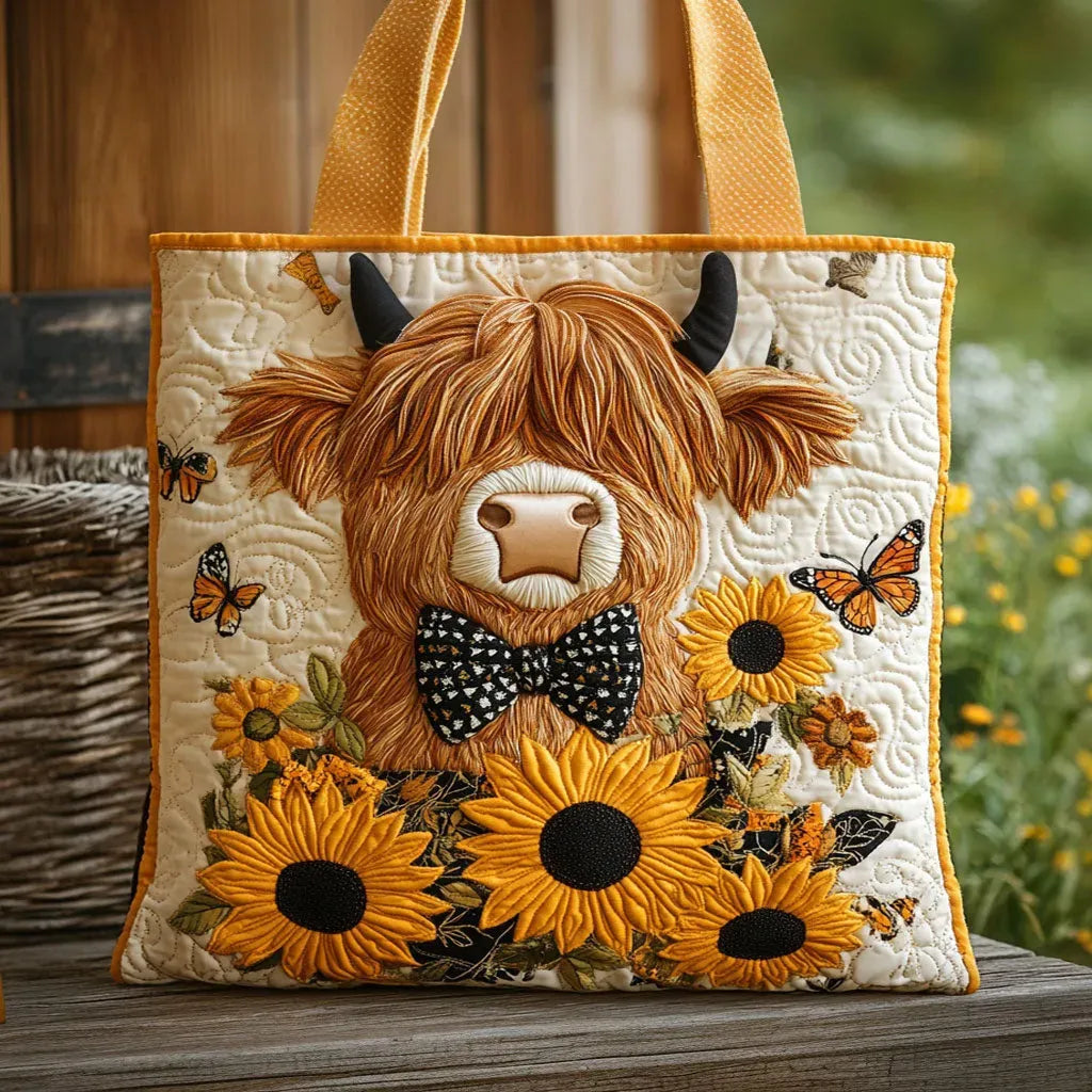 Quilted tote bag with a fluffy Highland cow surrounded by sunflowers