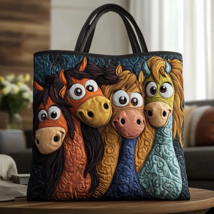 Quilted tote bag with colourful playful ponies on a structured padded body with wave-stitch quilting