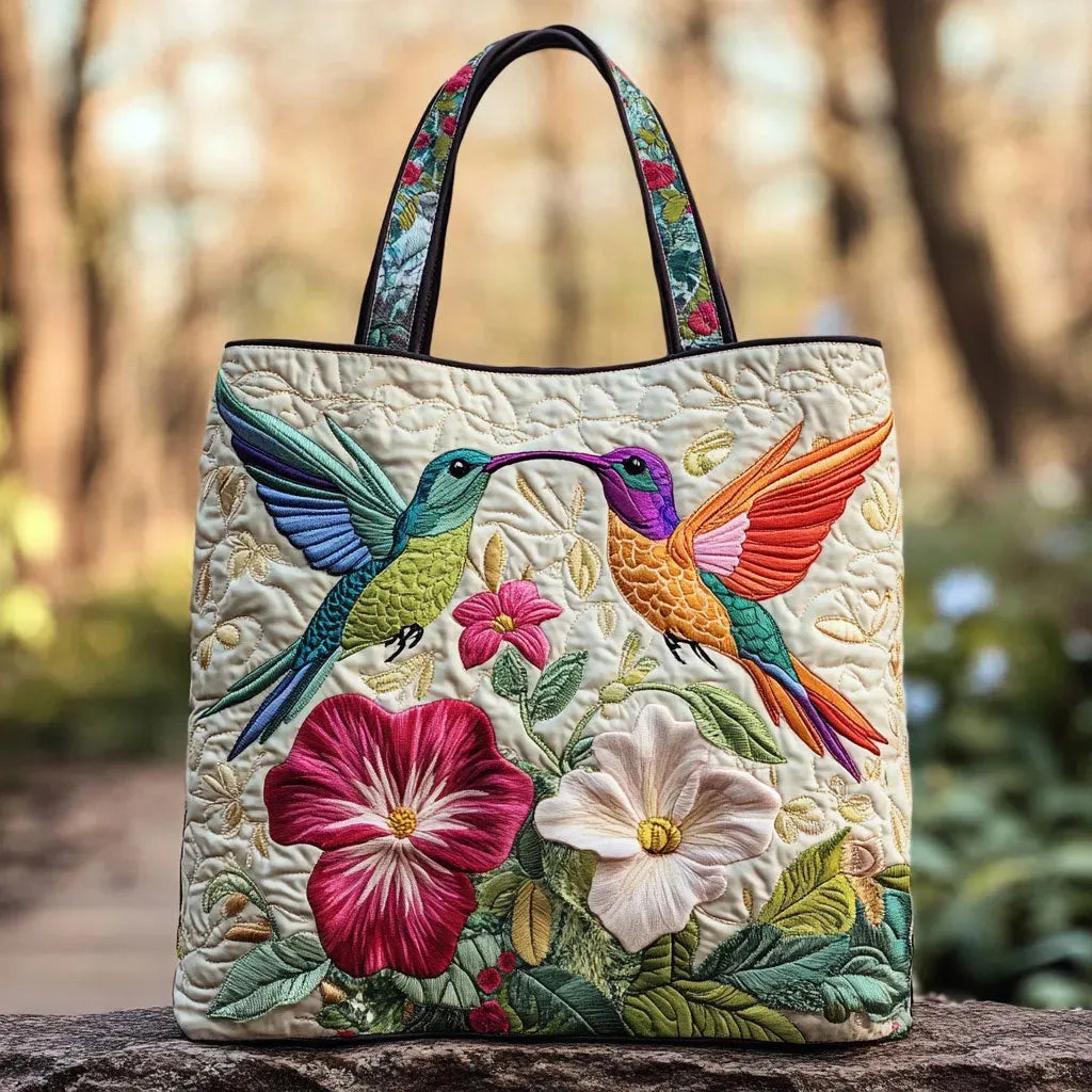Quilted tote bag with a jewel-bright hummingbird hovering among white flowers on a structured padded body