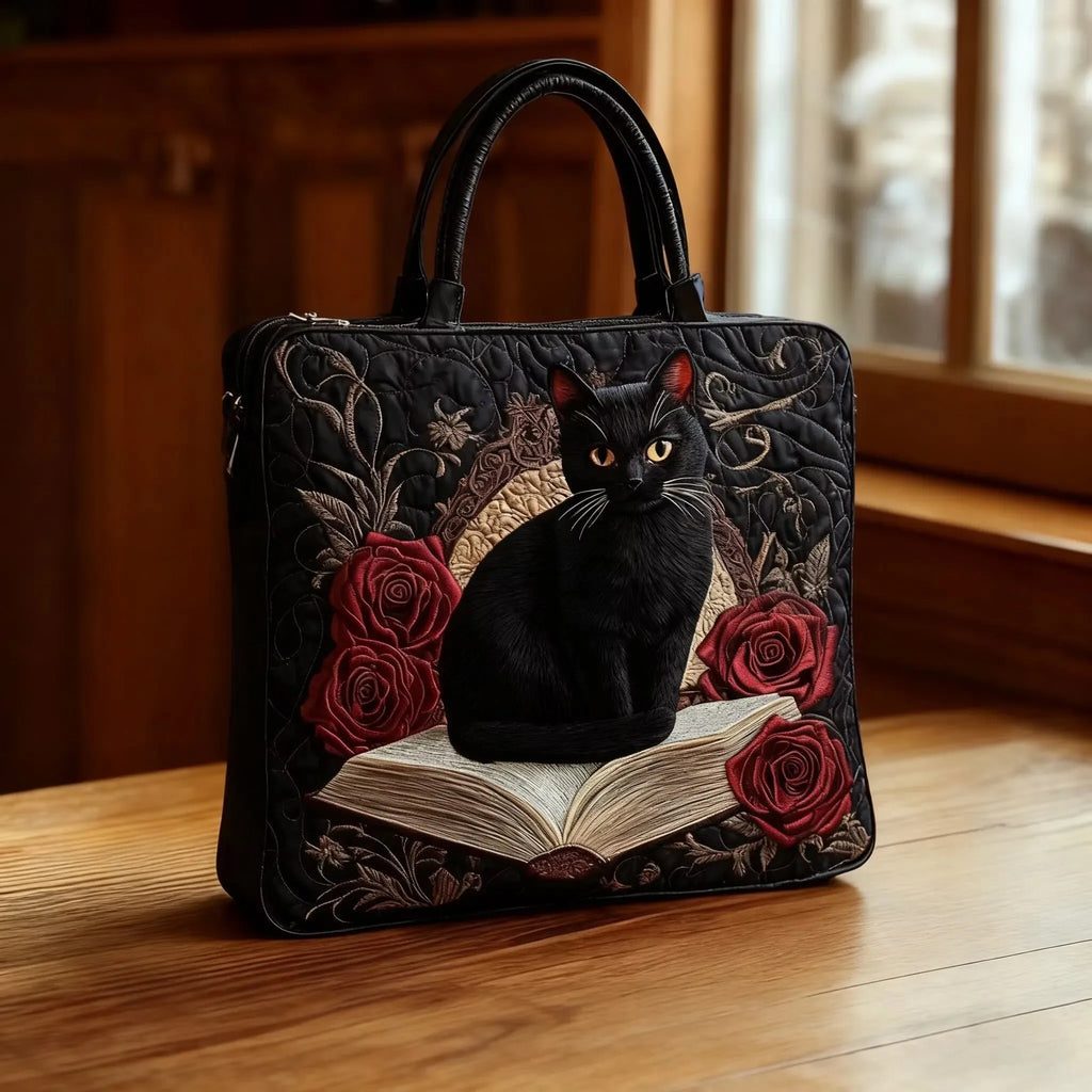 Quilted tote bag with a black cat sitting amongst stacked books on a wave-stitch background