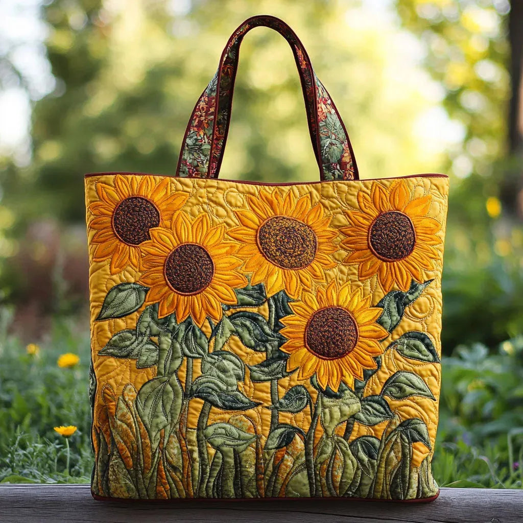 Quilted tote bag with bold golden sunflowers on a classic background