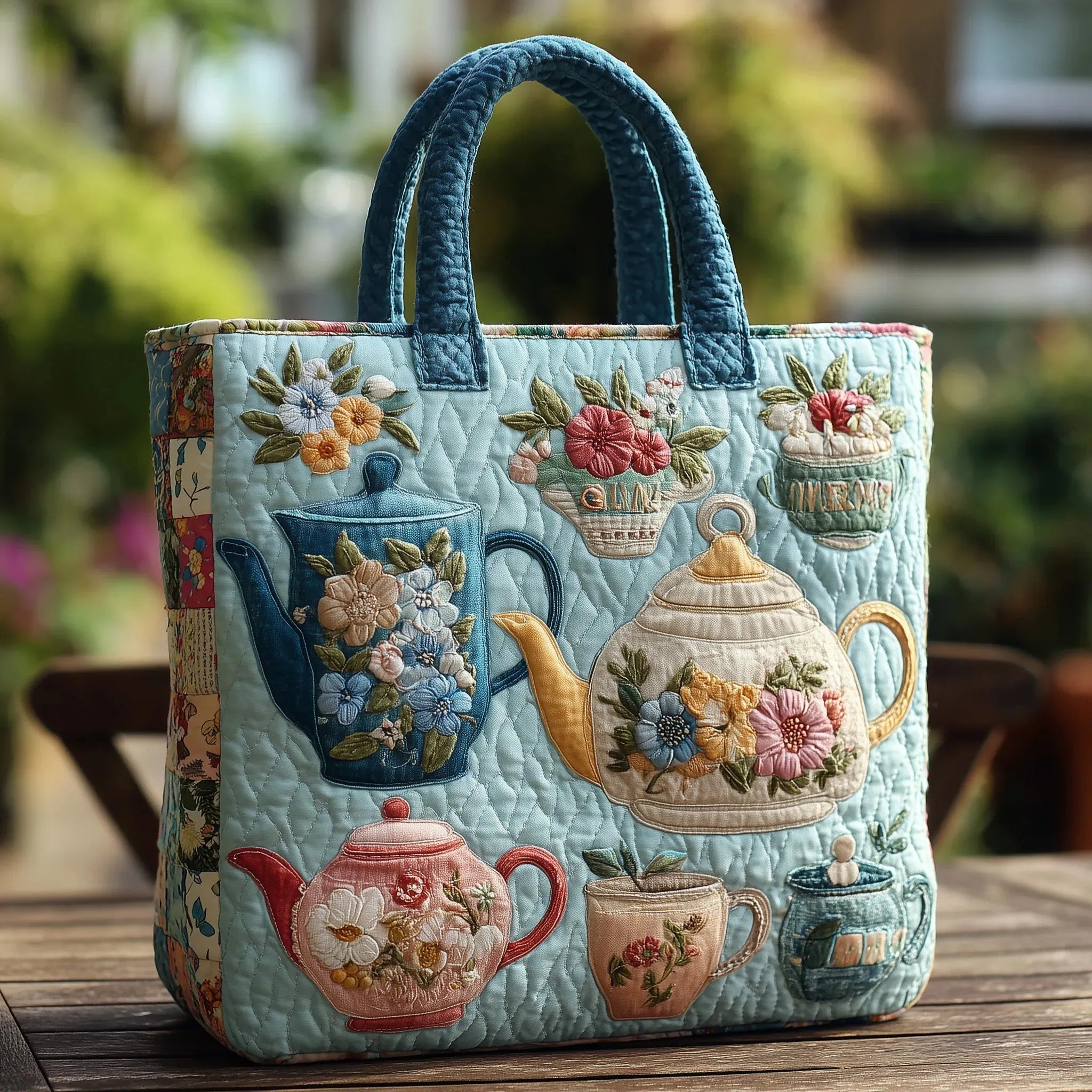 Quilted tote bag with a charming floral and afternoon tea motif on a structured padded body with wave-stitch detail
