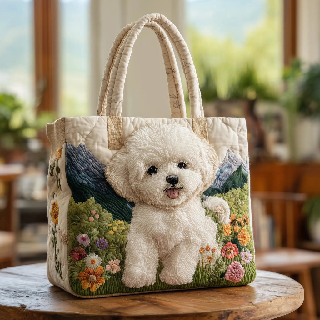 Quilted tote bag with a whimsical enchanted dog motif on a structured wave-stitch exterior