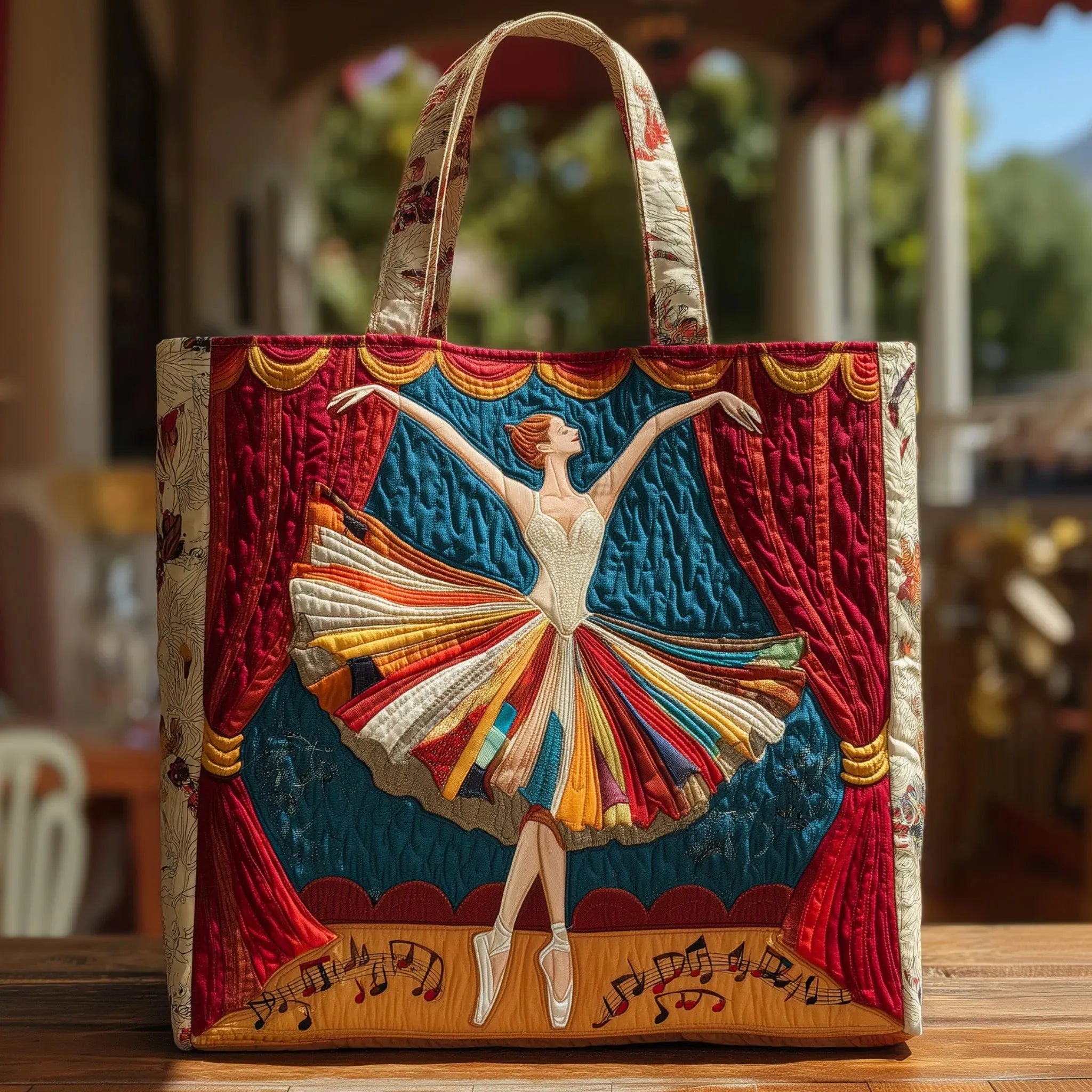 Quilted tote bag with an elegant ballerina in movement against a soft background