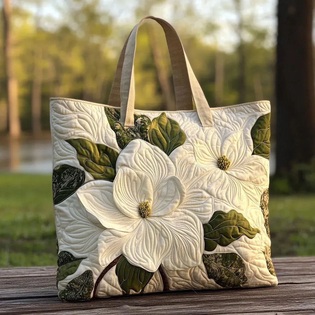 Quilted tote bag with a graceful white lily floral print on a structured wave-stitch exterior
