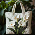 Quilted tote bag with a classic white lily floral print on a structured wave-stitch body