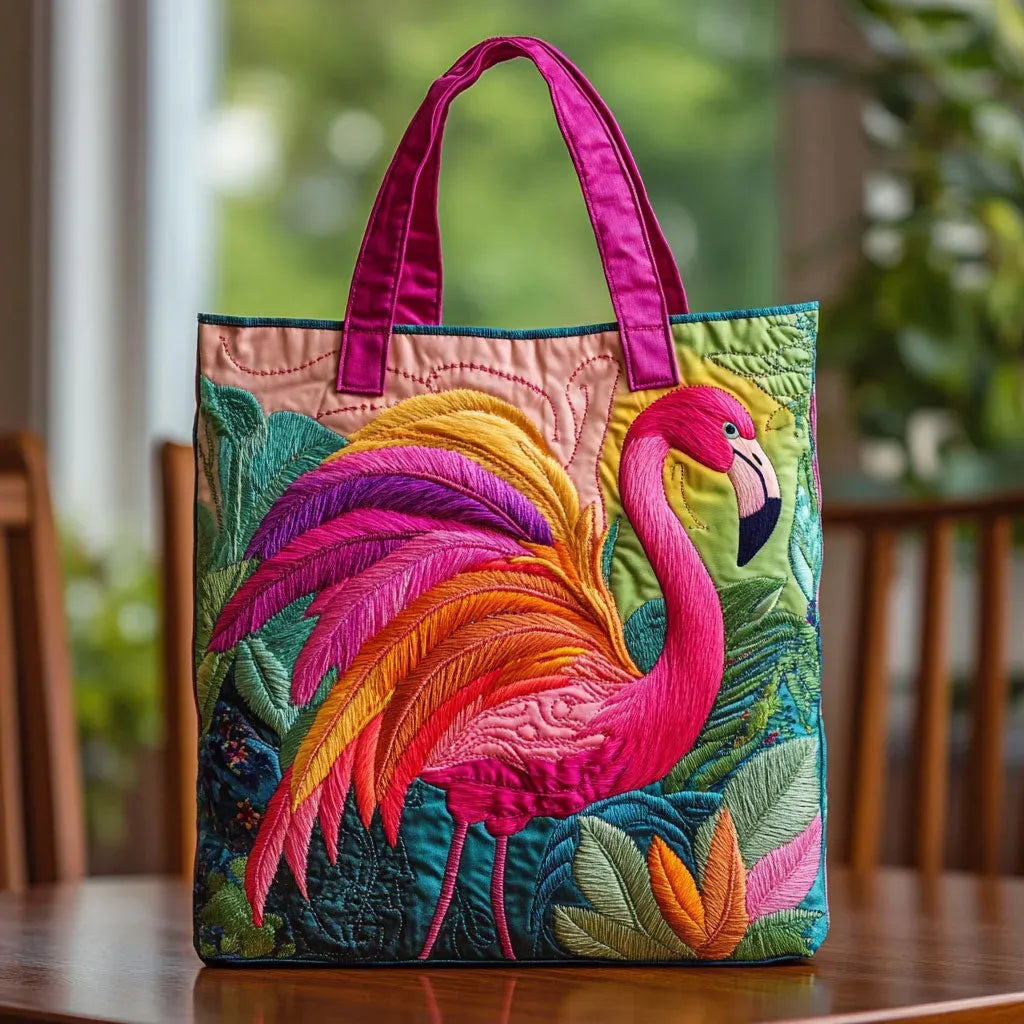 Quilted tote bag with a rainbow flamingo design and wave-stitch pattern in a padded, structured shape