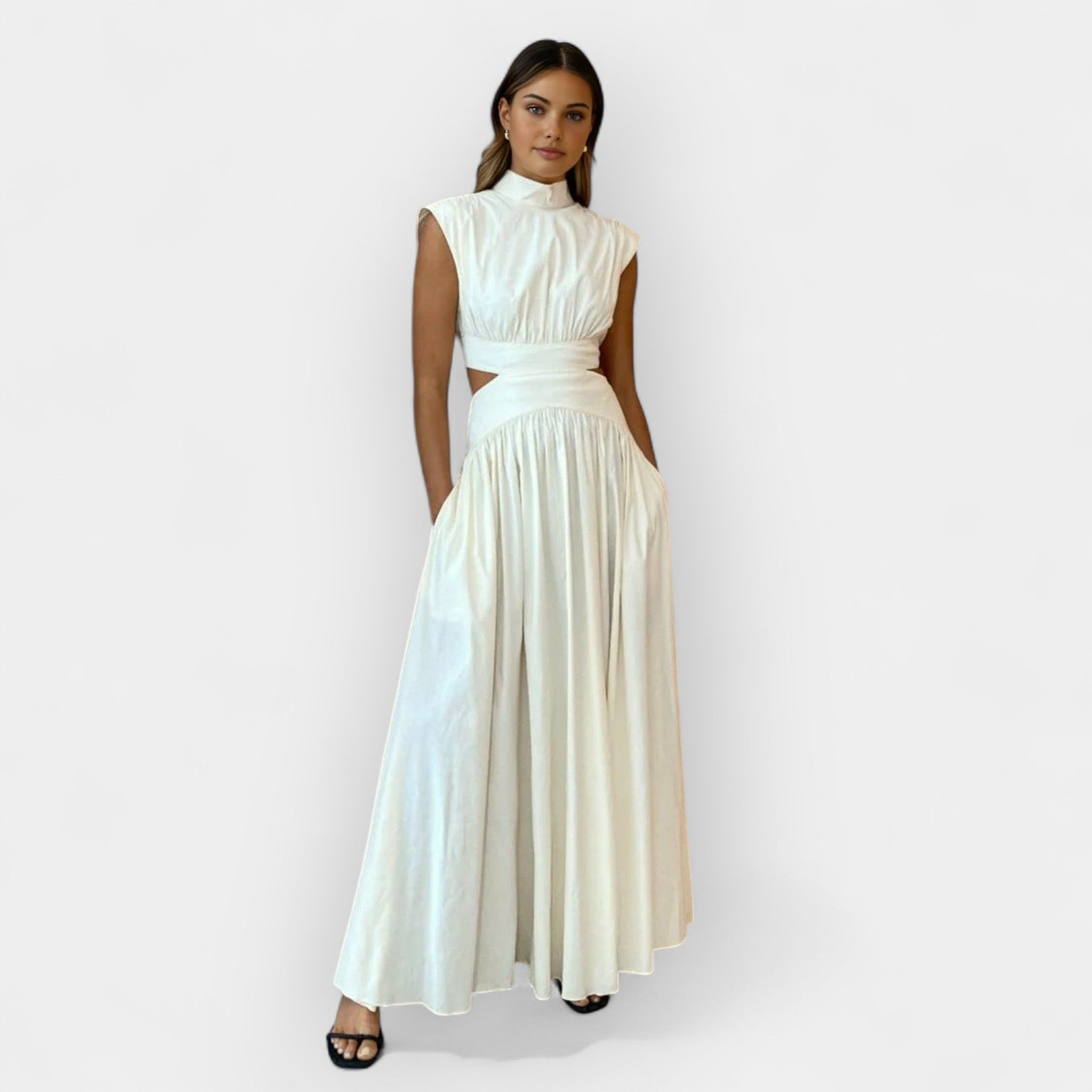 Sleek cut-out high-neck evening dress in crisp white with a close-fitted silhouette