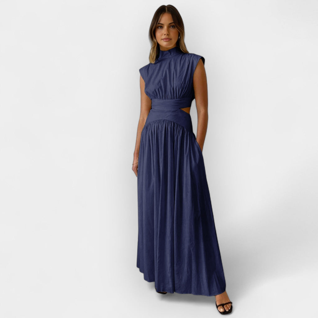 Sleek cut-out high-neck evening dress in crisp white with a close-fitted silhouette