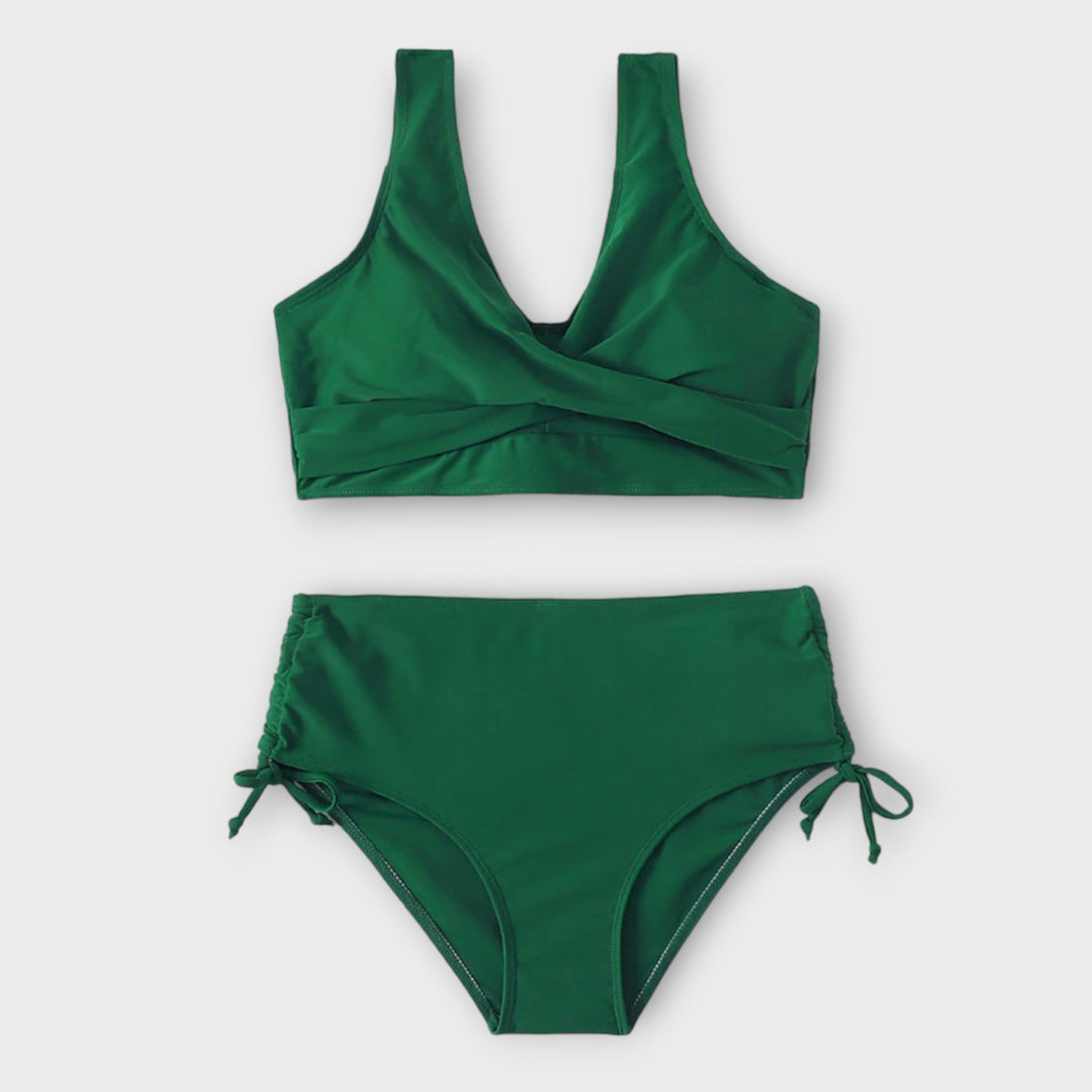 Green bikini with crossover neckline top and adjustable tie-side briefs