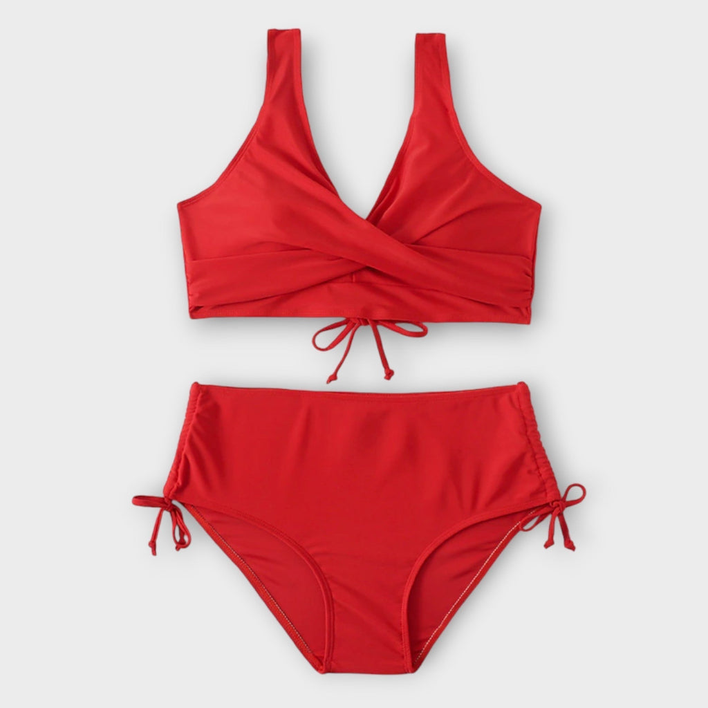 Green bikini with crossover neckline top and adjustable tie-side briefs