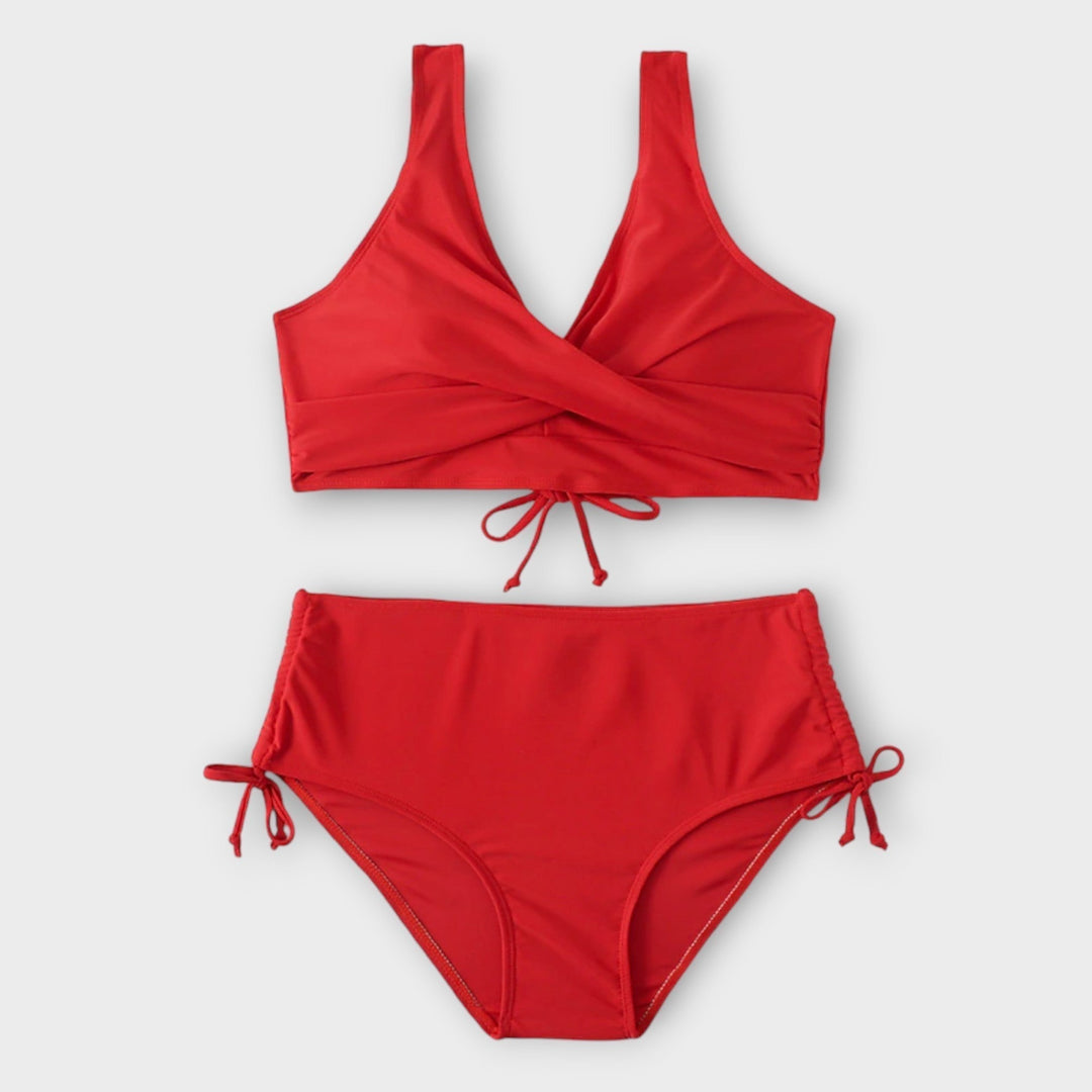 Green bikini with crossover neckline top and adjustable tie-side briefs