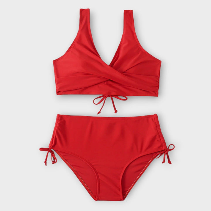 Green bikini with crossover neckline top and adjustable tie-side briefs