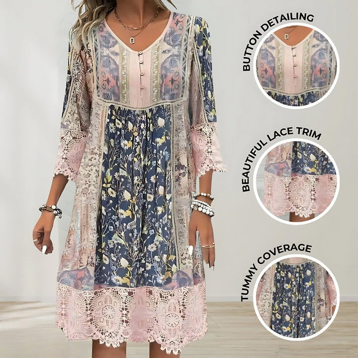 A woman wearing the Philomena romantic boho midi dress with scalloped trim and a floral patchwork print.