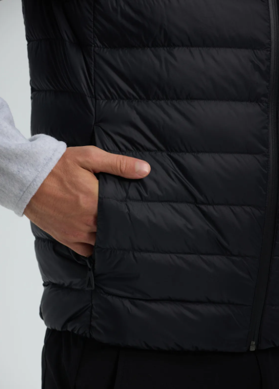 Men's black quilted gilet with front zip and clean structured fit